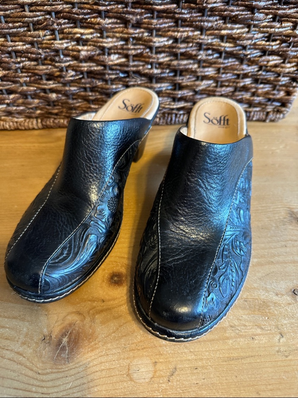 Sofft  Black Leather Embossed Slip-On Mules
